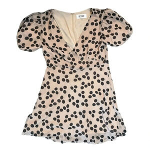 Vetiver Vintage Polka Dot Puff Sleeve Mini Dress Size 8 Tan Black Preppy